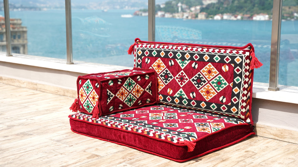 Moroccan Style Maroon Floor Sofa Set, Authentic Arabic Majlis Cushions, Boho Style Seating Sofa,