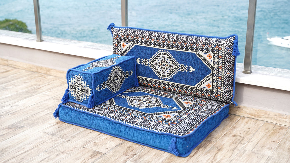 Royal Blue Palace Arabic Floor Cushion Sofa, Half Sofa Seating Set, Authentic Floor Cushion Seating