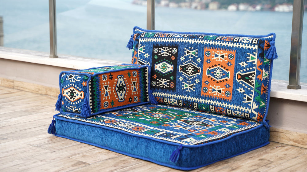 Authentic Blue Arabic Floor Sofa Set, 4 Inch Thick Floor Seating Cushions, Moroccan Half Seatings