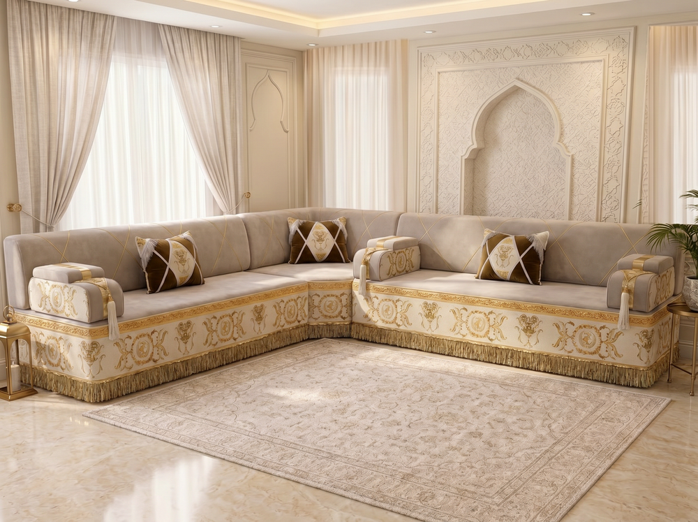 Handmade Arabic Majlis Sofa – Velvet Floor Seating Set – U L Single Layout – Oriental Middle Eastern Couch – Moroccan Floor Sofa