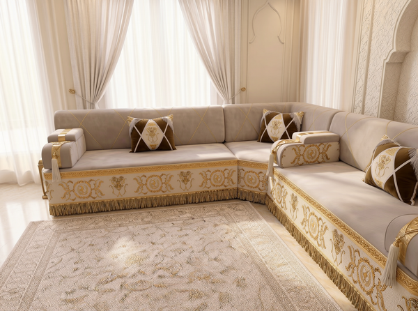 Handmade Arabic Majlis Sofa – Velvet Floor Seating Set – U L Single Layout – Oriental Middle Eastern Couch – Moroccan Floor Sofa