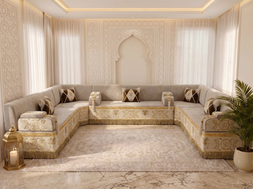Handmade Arabic Majlis Sofa – Velvet Floor Seating Set – U L Single Layout – Oriental Middle Eastern Couch – Moroccan Floor Sofa