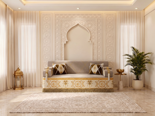 Handmade Arabic Majlis Sofa – Velvet Floor Seating Set – U L Single Layout – Oriental Middle Eastern Couch – Moroccan Floor Sofa