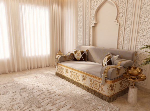 Handmade Arabic Majlis Sofa – Velvet Floor Seating Set – U L Single Layout – Oriental Middle Eastern Couch – Moroccan Floor Sofa
