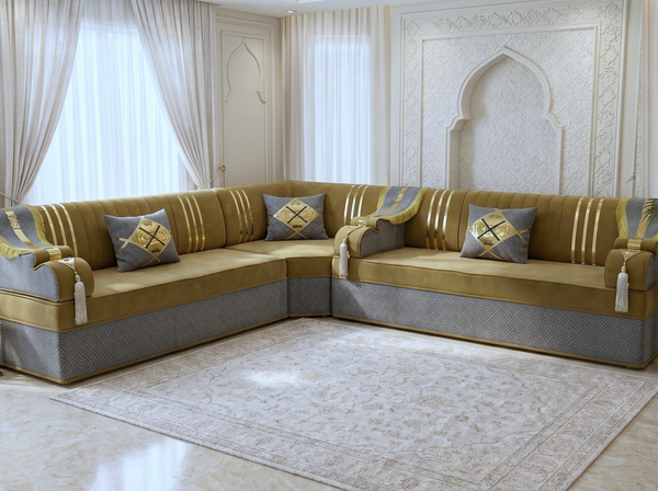 Arabic Majlis Seating Set – Modular Floor Sofa – U L Single Shapes – Taupe Velvet Floor Couch – Moroccan Oriental Majlis