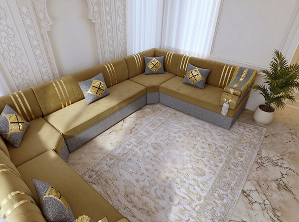 Arabic Majlis Seating Set – Modular Floor Sofa – U L Single Shapes – Taupe Velvet Floor Couch – Moroccan Oriental Majlis