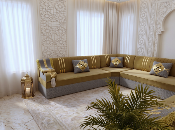 Arabic Majlis Seating Set – Modular Floor Sofa – U L Single Shapes – Taupe Velvet Floor Couch – Moroccan Oriental Majlis