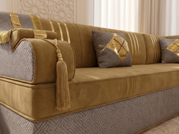 Arabic Majlis Seating Set – Modular Floor Sofa – U L Single Shapes – Taupe Velvet Floor Couch – Moroccan Oriental Majlis