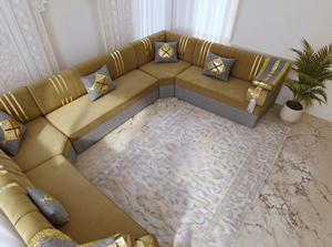Arabic Majlis Seating Set – Modular Floor Sofa – U L Single Shapes – Taupe Velvet Floor Couch – Moroccan Oriental Majlis