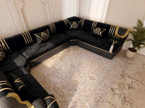 Luxury Arabic Majlis Sofa – Sectional Floor Seating – U Shaped Couch – L Shaped Corner Sofa – Middle Eastern Floor Cushion