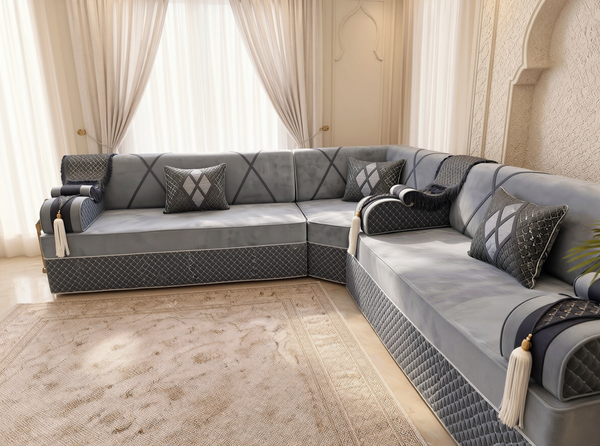 Luxury Arabic Majlis Sofa – Velvet Floor Seating – U L Single Modular Set – Middle Eastern Couch – Moroccan Majlis Seating