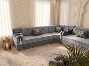 Luxury Arabic Majlis Sofa – Velvet Floor Seating – U L Single Modular Set – Middle Eastern Couch – Moroccan Majlis Seating