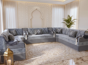 Luxury Arabic Majlis Sofa – Velvet Floor Seating – U L Single Modular Set – Middle Eastern Couch – Moroccan Majlis Seating