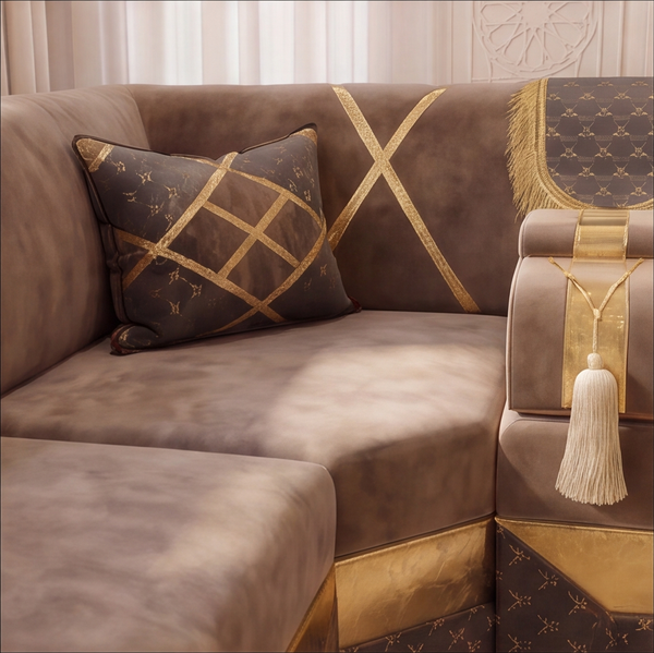 Arabic Floor Sofa Set – Majlis U L Single Layout – Oriental Sectional Seating – Taupe Velvet Couch – Moroccan Middle Eastern