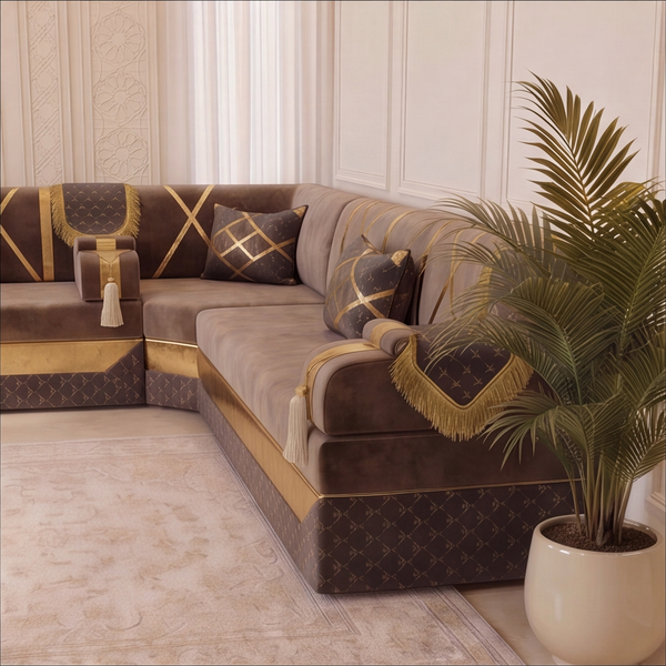 Arabic Floor Sofa Set – Majlis U L Single Layout – Oriental Sectional Seating – Taupe Velvet Couch – Moroccan Middle Eastern