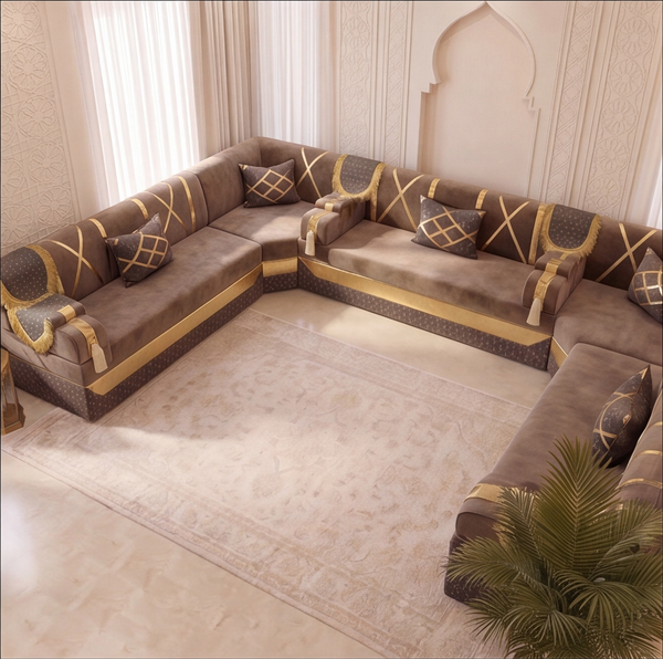 Arabic Floor Sofa Set – Majlis U L Single Layout – Oriental Sectional Seating – Taupe Velvet Couch – Moroccan Middle Eastern