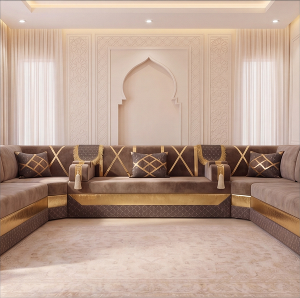 Arabic Floor Sofa Set – Majlis U L Single Layout – Oriental Sectional Seating – Taupe Velvet Couch – Moroccan Middle Eastern
