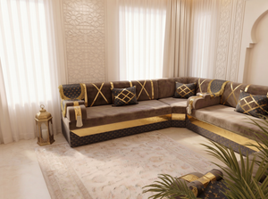 Arabic Floor Sofa Set – Majlis U L Single Layout – Oriental Sectional Seating – Taupe Velvet Couch – Moroccan Middle Eastern