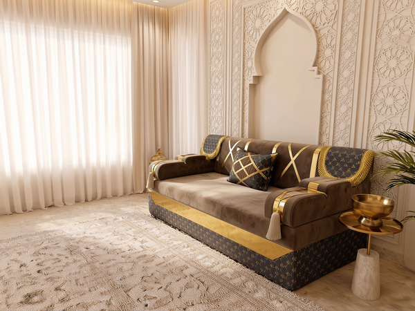 Arabic Floor Sofa Set – Majlis U L Single Layout – Oriental Sectional Seating – Taupe Velvet Couch – Moroccan Middle Eastern