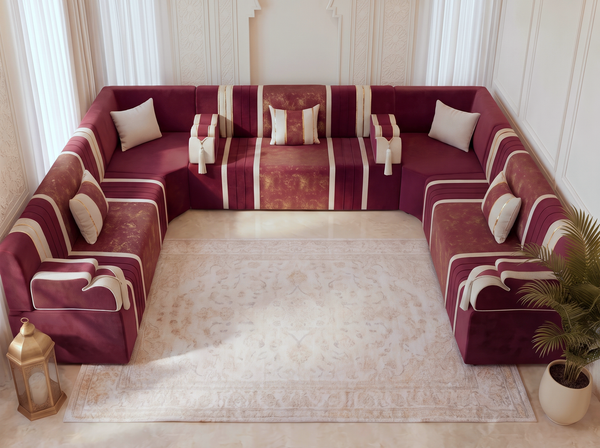 Luxury Arabic Majlis Sofa – U L Single Floor Seating – Oriental Velvet Floor Sofa – Middle Eastern Majlis – Moroccan Couch