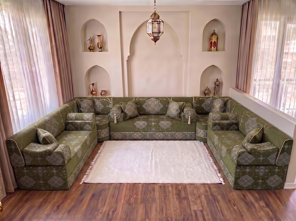 4 Zoll dickes L-Sofa-Set, arabisches Ecksofa, L-förmiges marineblaues türkisches Sofa, orientalische Bodenkissen, arabischer Majlis, traditionelles Wohnzimmersofa, arabisches Jalsa-Set