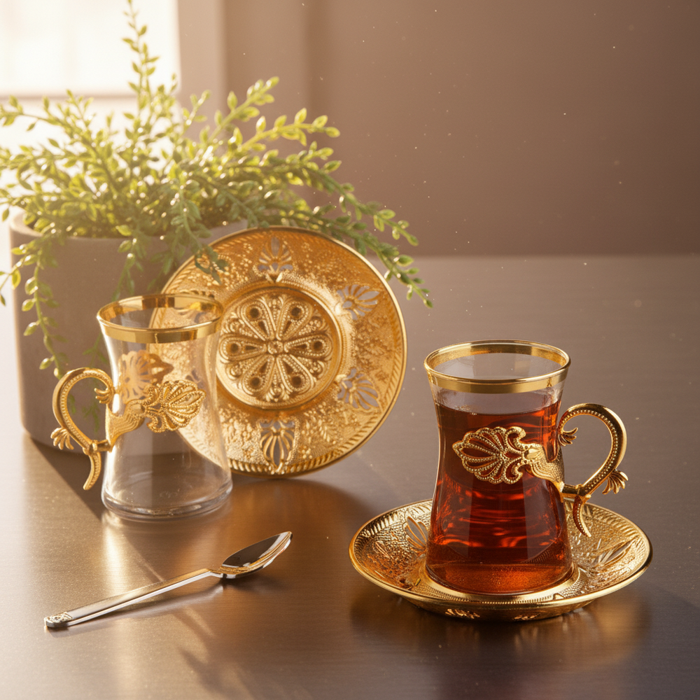 Rose Design Turkish Gold Color Tea Cup Set