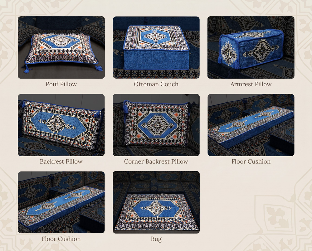 Royal Blue Palace Elegance: Handmade Turkish Floor Sofa – Washable Arabic Majlis (Sold Individually)