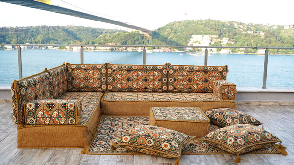 Gold Afghan Heritage: L Shaped Floor Sofa Set – Oriental Diwan Set – Custom Sectional Cushion – Bohemian Lounge Sofa