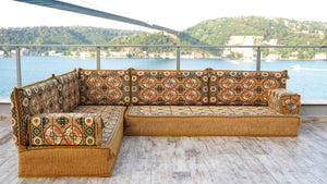 Gold Afghan Heritage: L Shaped Floor Sofa Set – Oriental Diwan Set – Custom Sectional Cushion – Bohemian Lounge Sofa