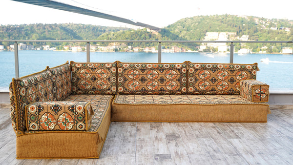 Gold Afghan Heritage: L Shaped Floor Sofa Set – Oriental Diwan Set – Custom Sectional Cushion – Bohemian Lounge Sofa