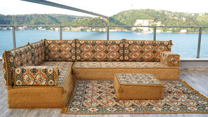 Gold Afghan Heritage: L Shaped Floor Sofa Set – Oriental Diwan Set – Custom Sectional Cushion – Bohemian Lounge Sofa
