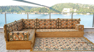 Gold Afghan Heritage: L Shaped Floor Sofa Set – Oriental Diwan Set – Custom Sectional Cushion – Bohemian Lounge Sofa