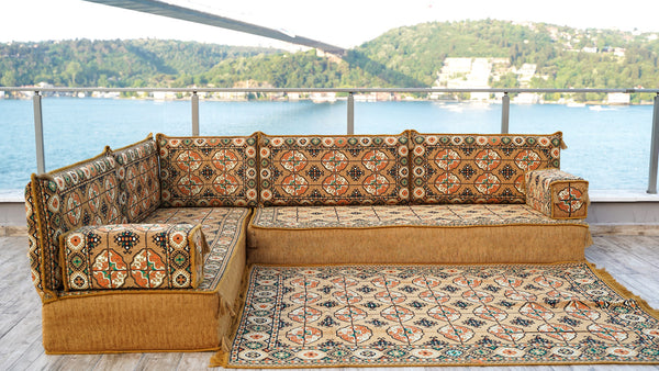 Gold Afghan Heritage: L Shaped Floor Sofa Set – Oriental Diwan Set – Custom Sectional Cushion – Bohemian Lounge Sofa