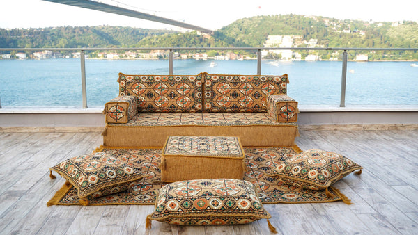 Gold Afghan Heritage: Single Floor Sofa Set – Arabic Majlis Seating – Low Seating Sofa – Middle Eastern Floor Sofa