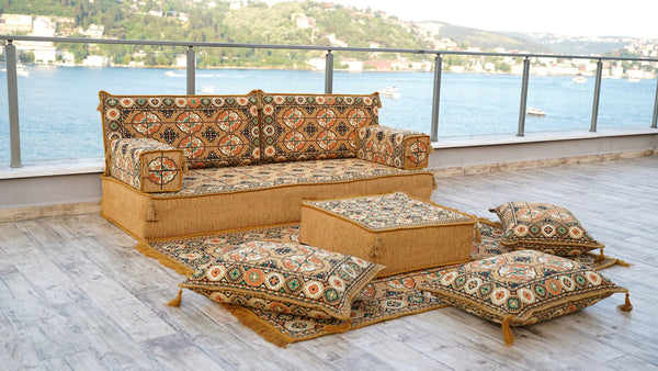 Gold Afghan Heritage: Single Floor Sofa Set – Arabic Majlis Seating – Low Seating Sofa – Middle Eastern Floor Sofa