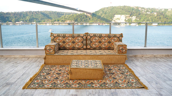 Gold Afghan Heritage: Single Floor Sofa Set – Arabic Majlis Seating – Low Seating Sofa – Middle Eastern Floor Sofa