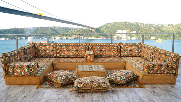 Gold Afghan Heritage: U Shaped Floor Sofa Set – Arabic Majlis Seating – Traditional Arabic Sofa – Turkish Floor Sofa