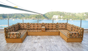 Gold Afghan Heritage: U Shaped Floor Sofa Set – Arabic Majlis Seating – Traditional Arabic Sofa – Turkish Floor Sofa