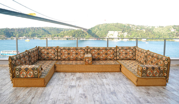 Gold Afghan Heritage: U Shaped Floor Sofa Set – Arabic Majlis Seating – Traditional Arabic Sofa – Turkish Floor Sofa