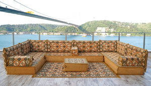 Gold Afghan Heritage: U Shaped Floor Sofa Set – Arabic Majlis Seating – Traditional Arabic Sofa – Turkish Floor Sofa