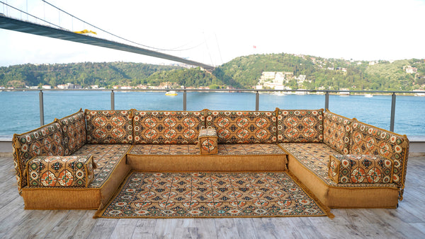 Gold Afghan Heritage: U Shaped Floor Sofa Set – Arabic Majlis Seating – Traditional Arabic Sofa – Turkish Floor Sofa