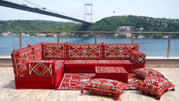 Rotes türkisches Bodensitzkissen, Eck-Bodensitzgruppe, L-förmiges Sofa-Set, orientalisches Bodensitzkissen, Palettensofa, ethnisches Sofa