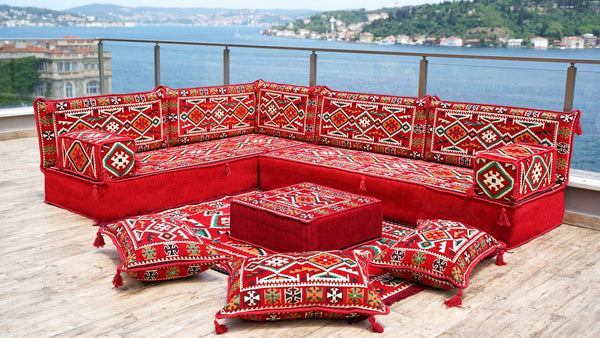 Rotes türkisches Bodensitzkissen, Eck-Bodensitzgruppe, L-förmiges Sofa-Set, orientalisches Bodensitzkissen, Palettensofa, ethnisches Sofa