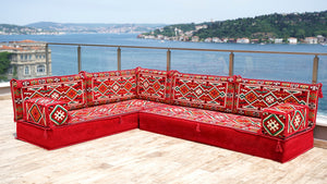 Rotes türkisches Bodensitzkissen, Eck-Bodensitzgruppe, L-förmiges Sofa-Set, orientalisches Bodensitzkissen, Palettensofa, ethnisches Sofa