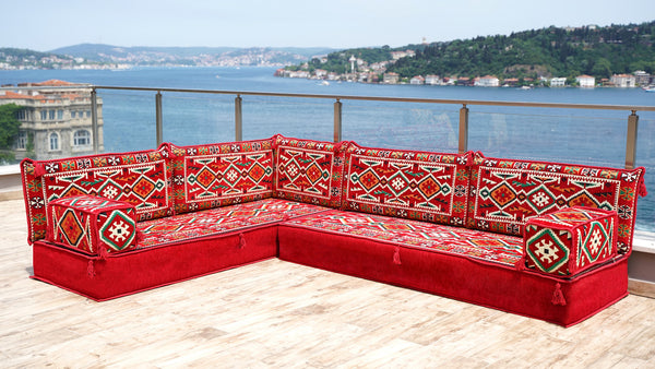 Rotes türkisches Bodensitzkissen, Eck-Bodensitzgruppe, L-förmiges Sofa-Set, orientalisches Bodensitzkissen, Palettensofa, ethnisches Sofa