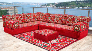 Rotes türkisches Bodensitzkissen, Eck-Bodensitzgruppe, L-förmiges Sofa-Set, orientalisches Bodensitzkissen, Palettensofa, ethnisches Sofa