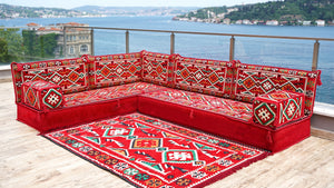 Rotes türkisches Bodensitzkissen, Eck-Bodensitzgruppe, L-förmiges Sofa-Set, orientalisches Bodensitzkissen, Palettensofa, ethnisches Sofa