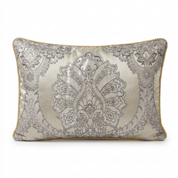Vintage Cream Antique Aria: Damask Medallion Pillow Cover – Embroidered – Rope Piping