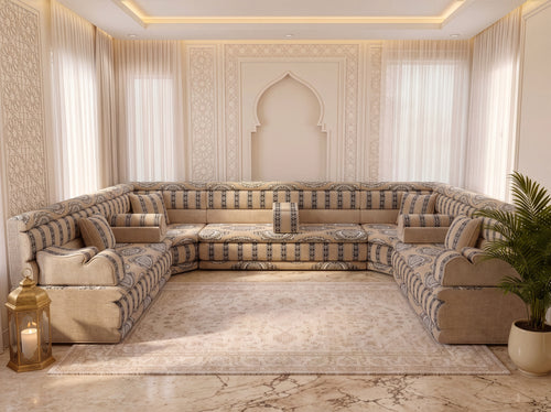 Beige Medallion: Corner Arabic Floor Cushions – Moroccan Majlis Seating – Boho Style Sofa – Oriental Arabic Couch