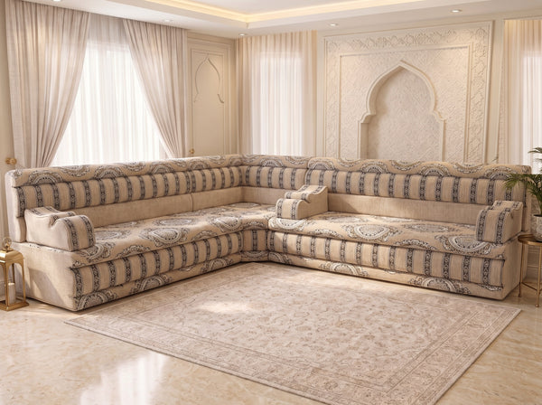 Beige Medallion: Corner Arabic Floor Cushions – Moroccan Majlis Seating – Boho Style Sofa – Oriental Arabic Couch